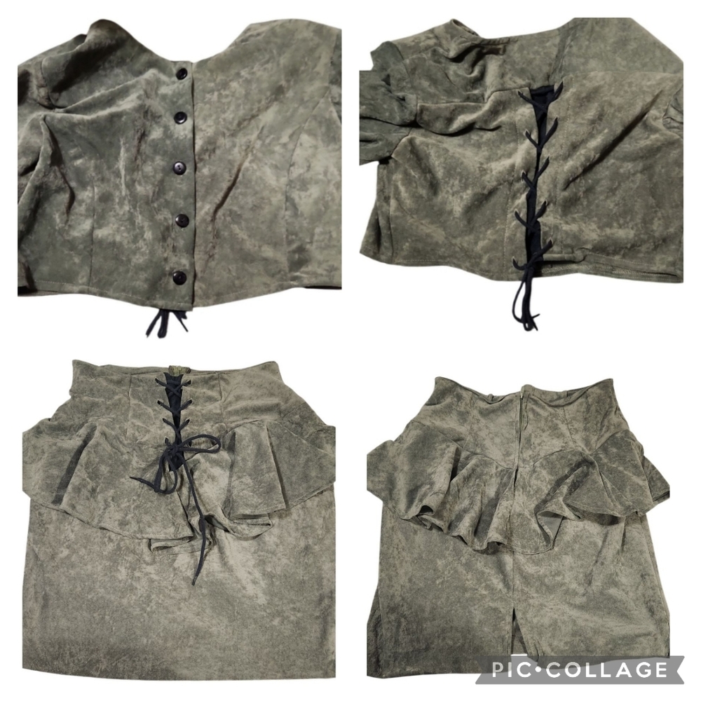 80s/90s? Olive Green Faux Suede Lace Up Top Skirt Set Med 8?